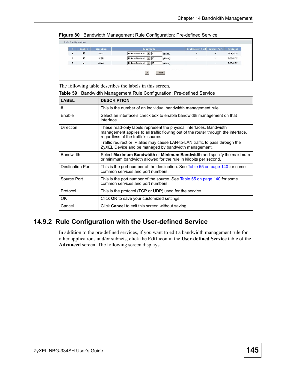 2 rule configuration with the user-defined service, Section 14.9.2 on | ZyXEL Communications NBG334SH User Manual | Page 145 / 290