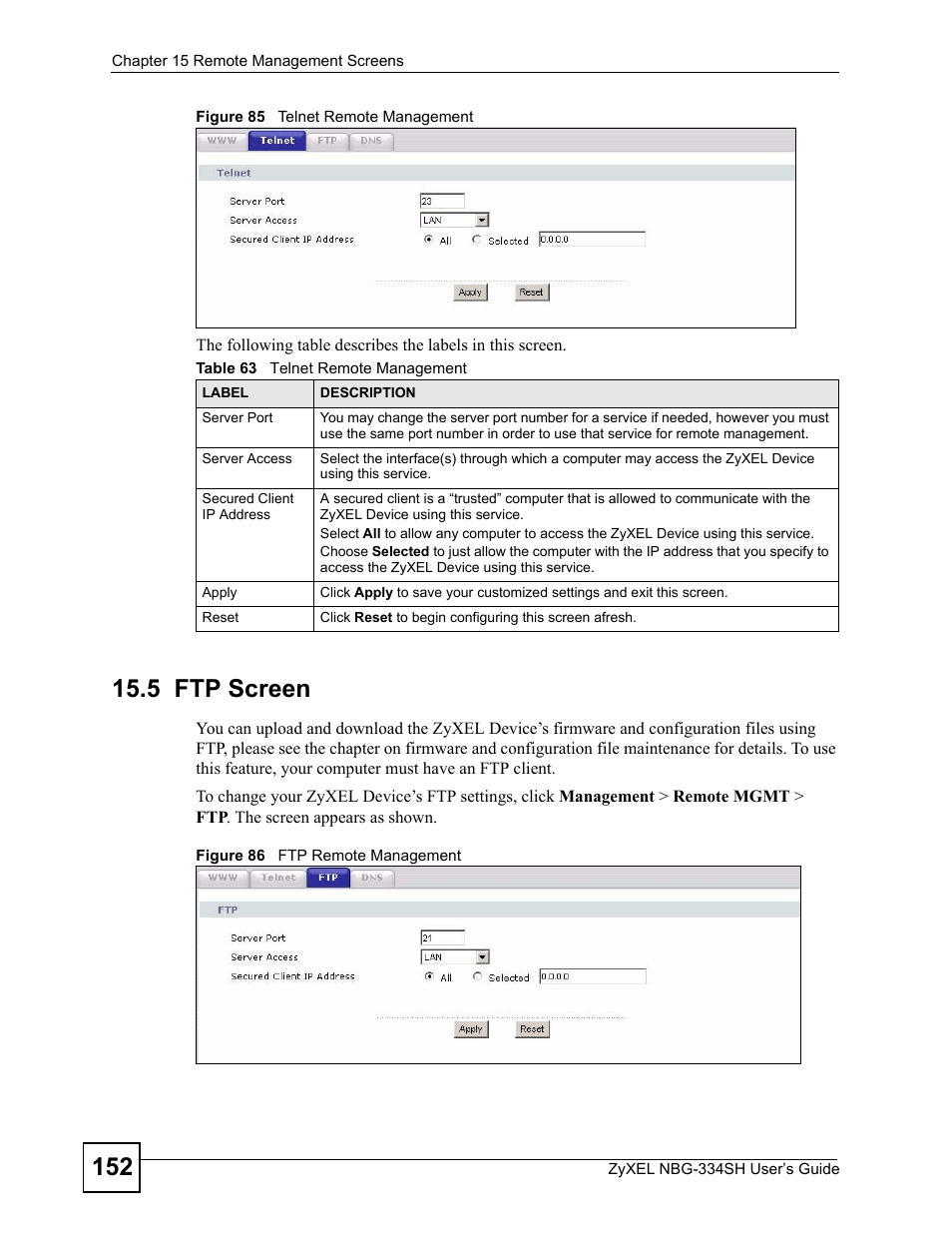 5 ftp screen, Table 63 telnet remote management | ZyXEL Communications NBG334SH User Manual | Page 152 / 290