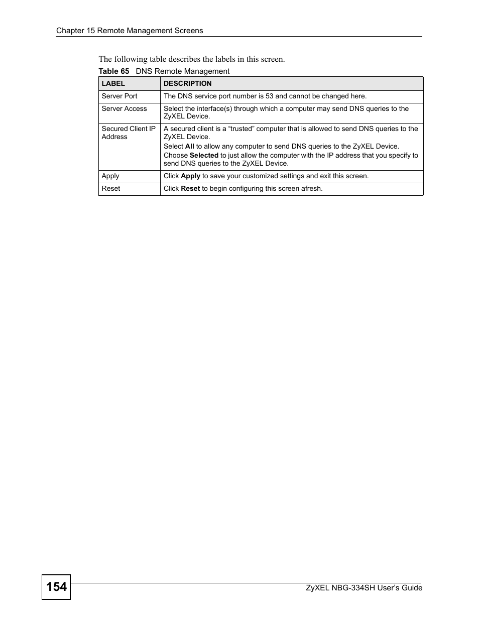 Table 65 dns remote management | ZyXEL Communications NBG334SH User Manual | Page 154 / 290