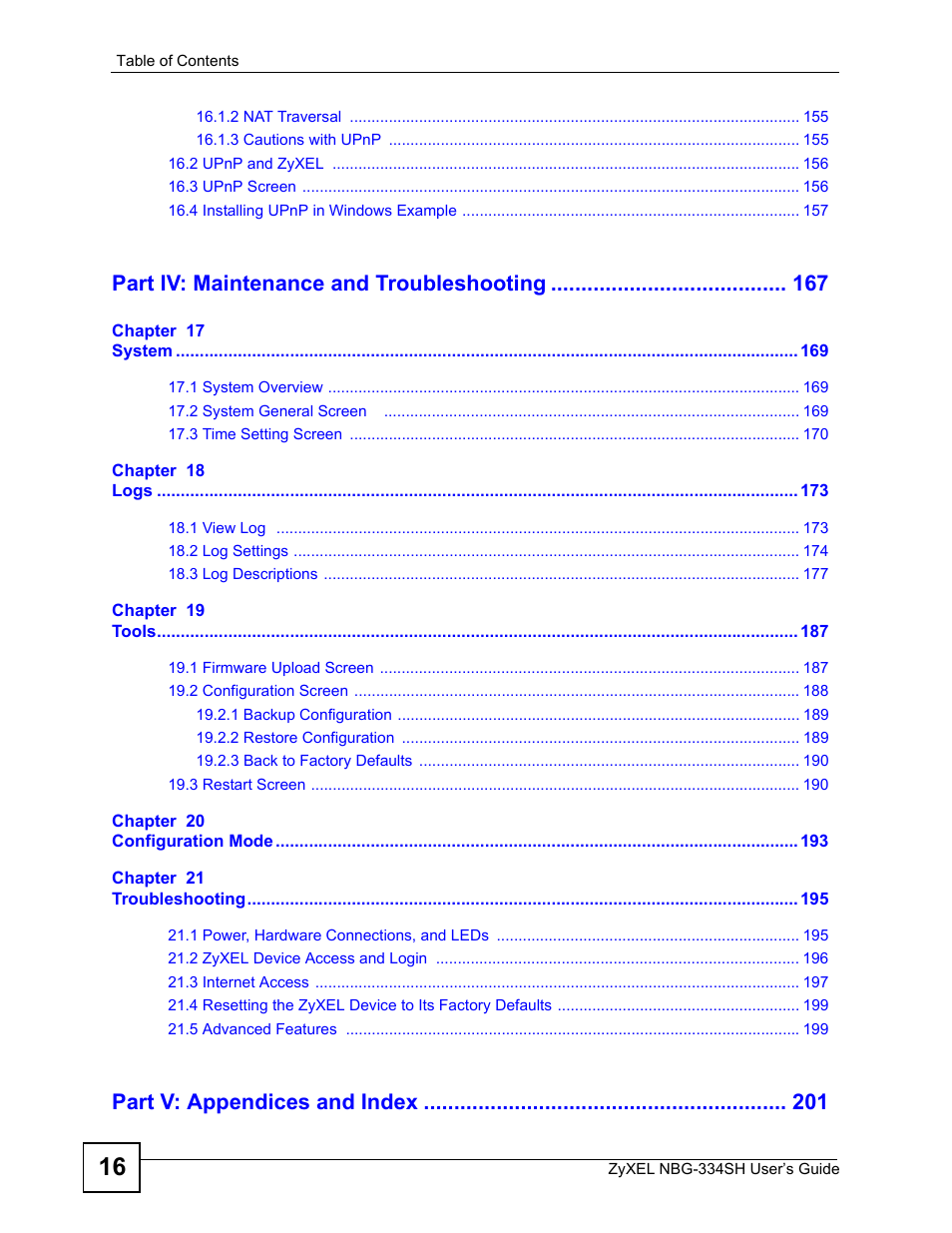 Part iv: maintenance and troubleshooting, Part v: appendices and index | ZyXEL Communications NBG334SH User Manual | Page 16 / 290