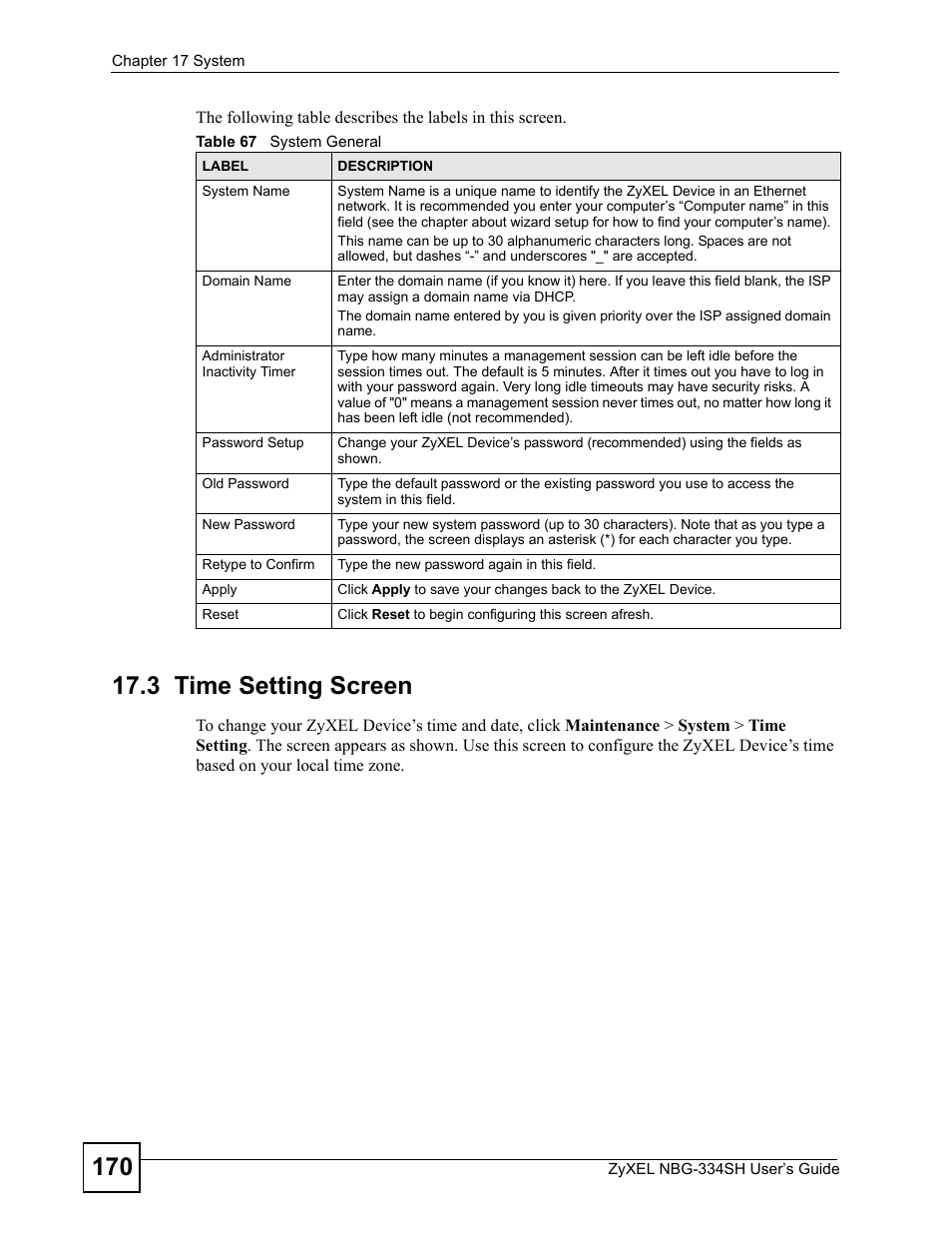 3 time setting screen, Table 67 system general | ZyXEL Communications NBG334SH User Manual | Page 170 / 290