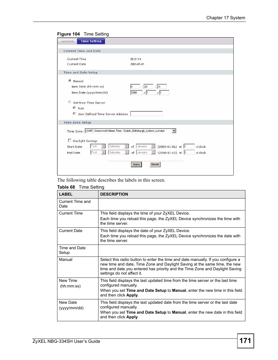 Figure 104 time setting, Table 68 time setting | ZyXEL Communications NBG334SH User Manual | Page 171 / 290