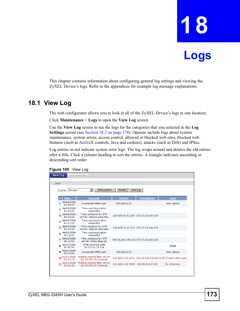 Logs, 1 view log, Chapter 18 logs | Figure 105 view log, Logs (173) | ZyXEL Communications NBG334SH User Manual | Page 173 / 290