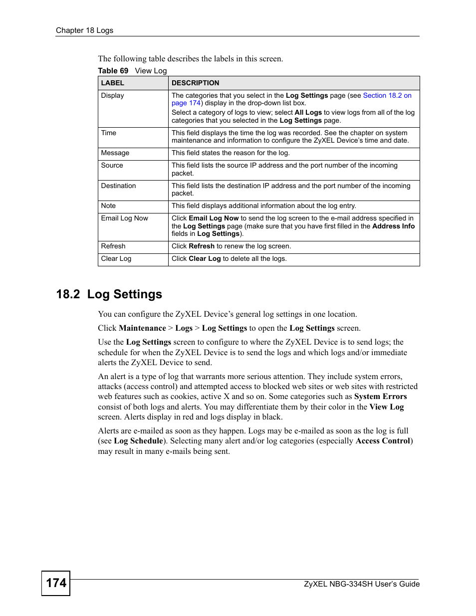 2 log settings, Table 69 view log | ZyXEL Communications NBG334SH User Manual | Page 174 / 290