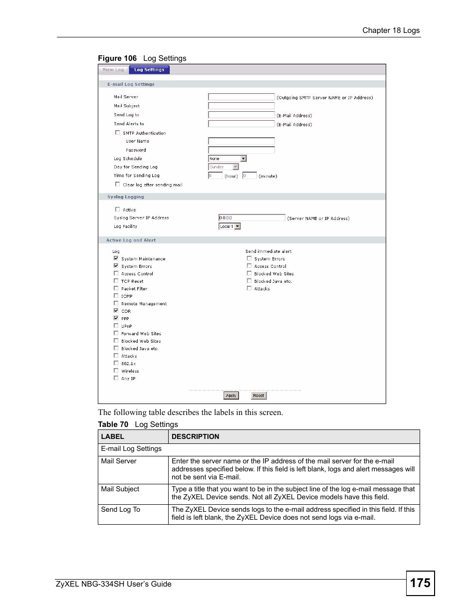 Figure 106 log settings, Table 70 log settings | ZyXEL Communications NBG334SH User Manual | Page 175 / 290