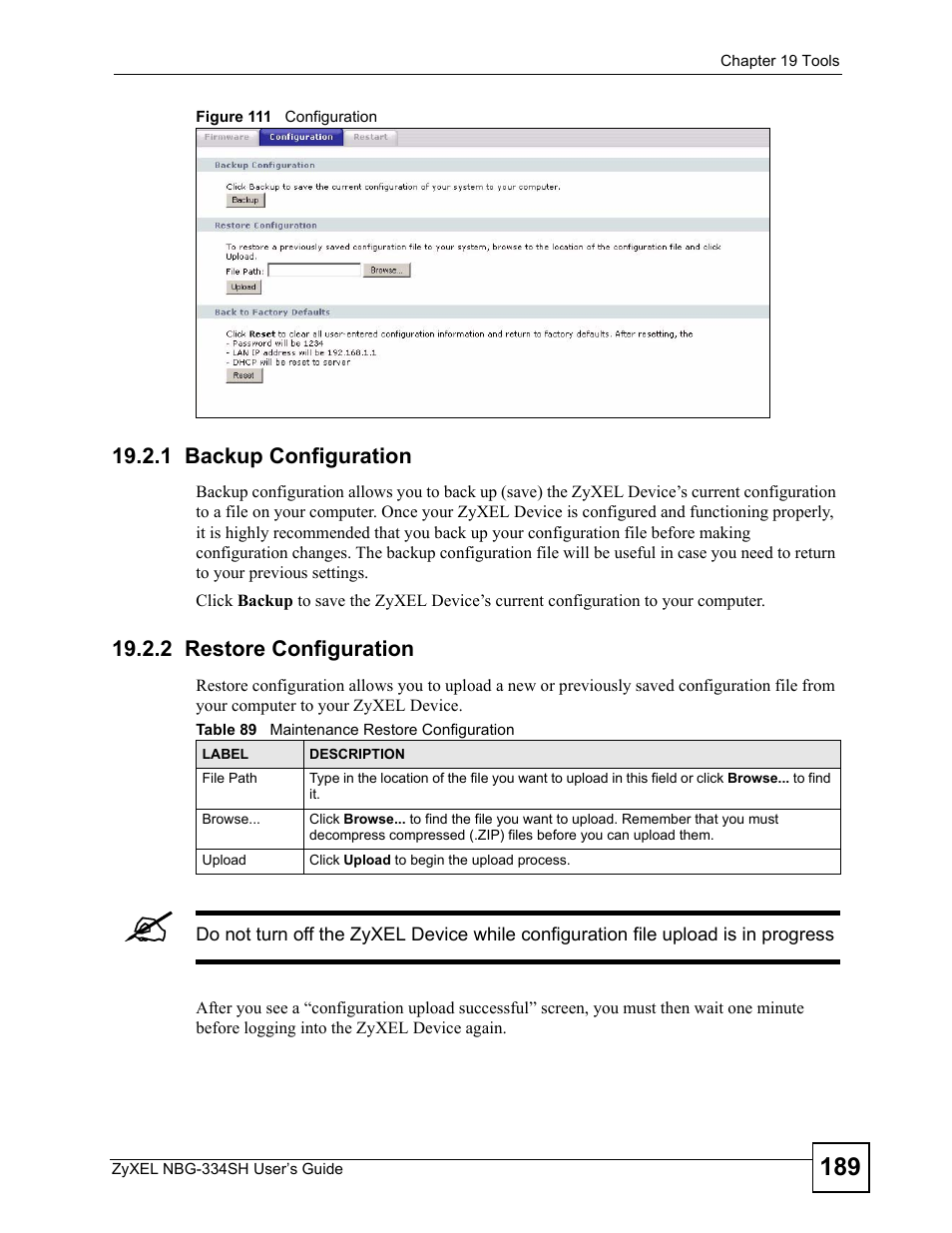 1 backup configuration, 2 restore configuration, Figure 111 configuration | Table 89 maintenance restore configuration | ZyXEL Communications NBG334SH User Manual | Page 189 / 290