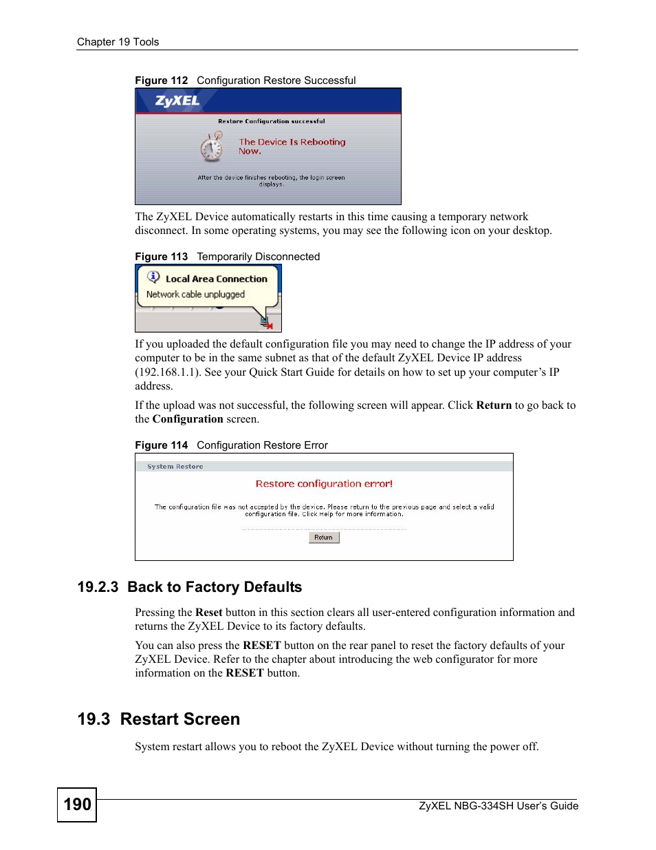 3 back to factory defaults, 3 restart screen | ZyXEL Communications NBG334SH User Manual | Page 190 / 290