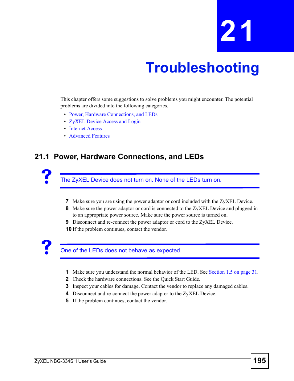 Troubleshooting, 1 power, hardware connections, and leds, Chapter 21 troubleshooting | Troubleshooting (195) | ZyXEL Communications NBG334SH User Manual | Page 195 / 290