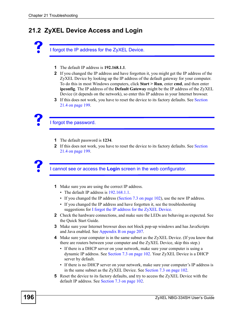 2 zyxel device access and login, Zyxel device access and login | ZyXEL Communications NBG334SH User Manual | Page 196 / 290