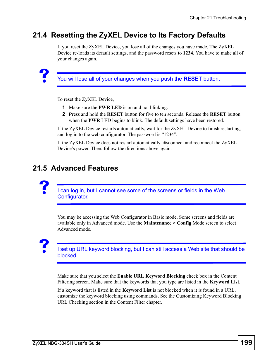 5 advanced features, Advanced features, Section | ZyXEL Communications NBG334SH User Manual | Page 199 / 290