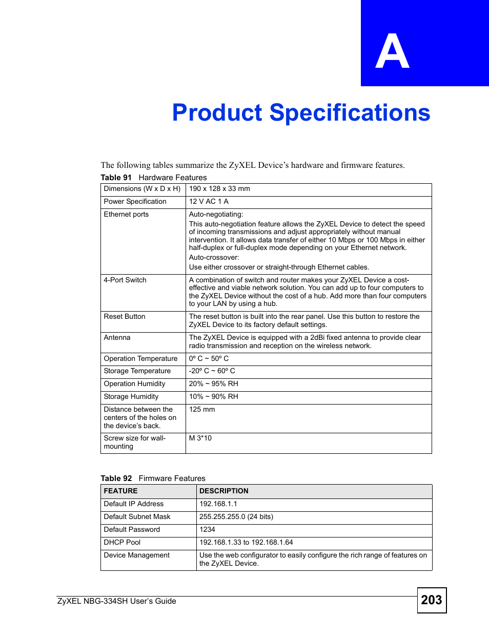 Product specifications, Appendix a product specifications, Product specifications (203) | ZyXEL Communications NBG334SH User Manual | Page 203 / 290