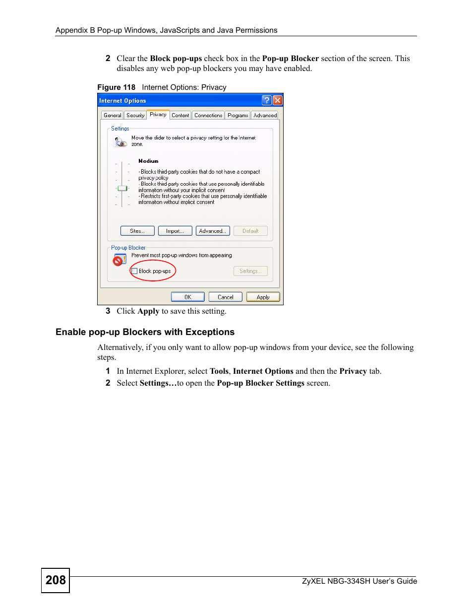 Figure 118 internet options: privacy | ZyXEL Communications NBG334SH User Manual | Page 208 / 290