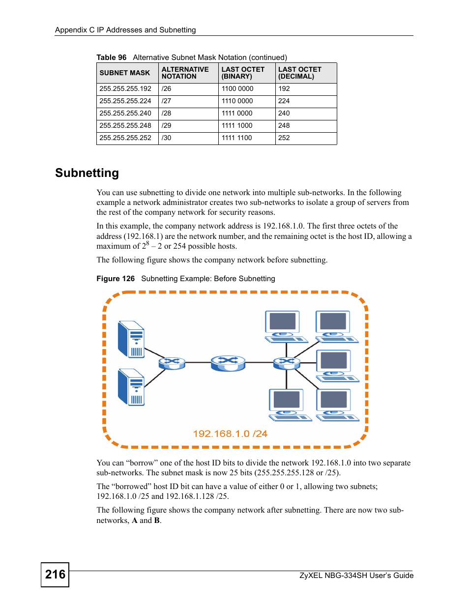 Figure 126 subnetting example: before subnetting, 216 subnetting | ZyXEL Communications NBG334SH User Manual | Page 216 / 290