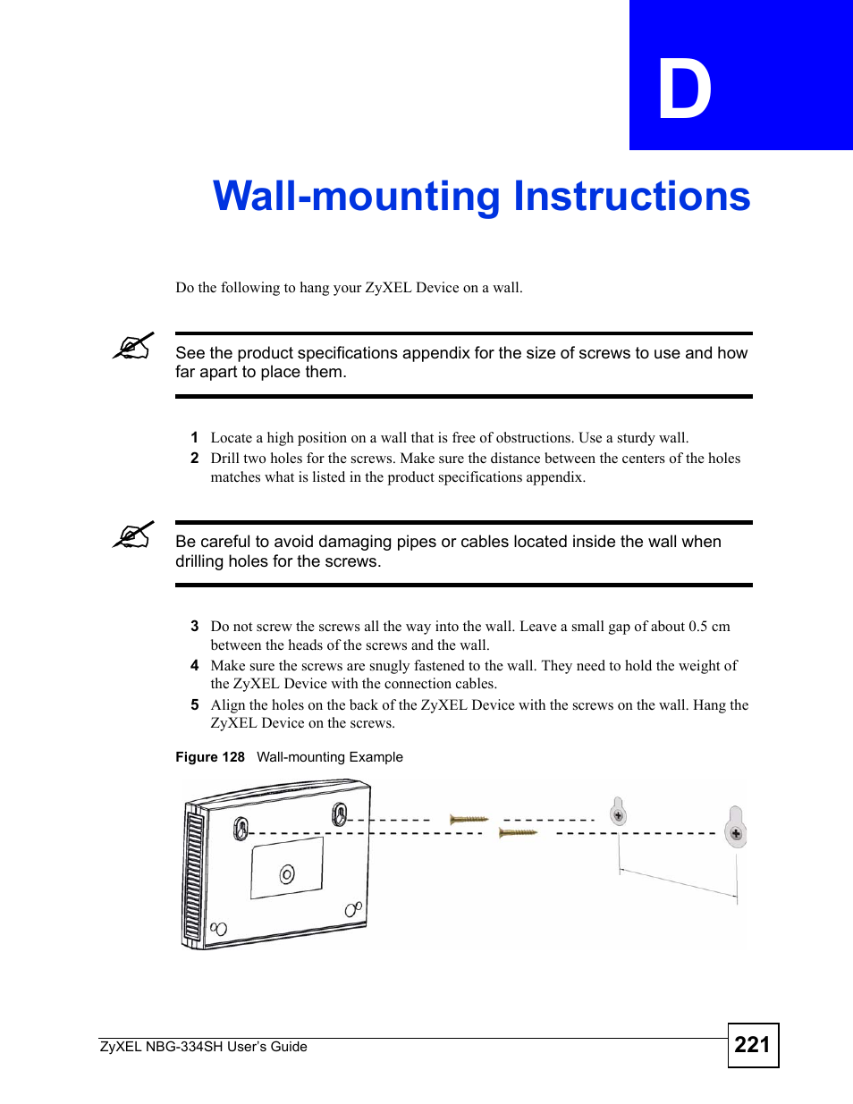 Wall-mounting instructions, Appendix d wall-mounting instructions, Figure 128 wall-mounting example | Wall-mounting instructions (221) | ZyXEL Communications NBG334SH User Manual | Page 221 / 290