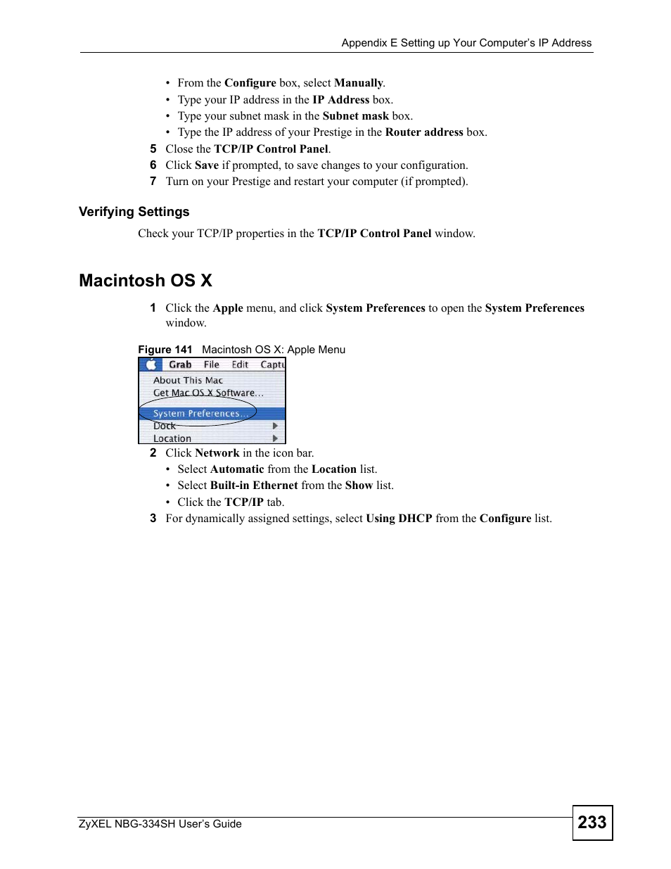 Figure 141 macintosh os x: apple menu, Macintosh os x | ZyXEL Communications NBG334SH User Manual | Page 233 / 290