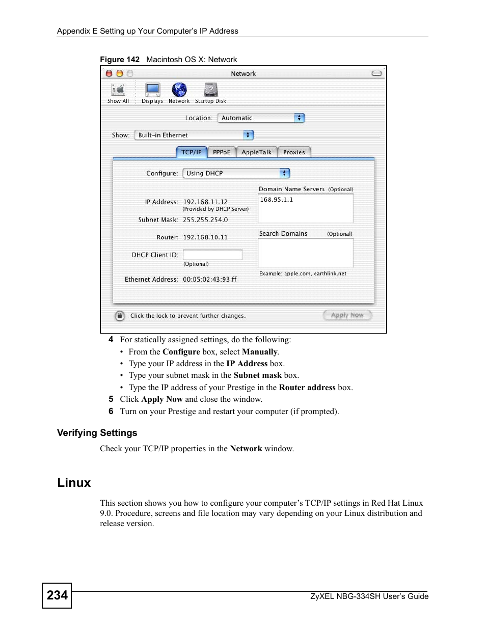 Figure 142 macintosh os x: network, Linux | ZyXEL Communications NBG334SH User Manual | Page 234 / 290