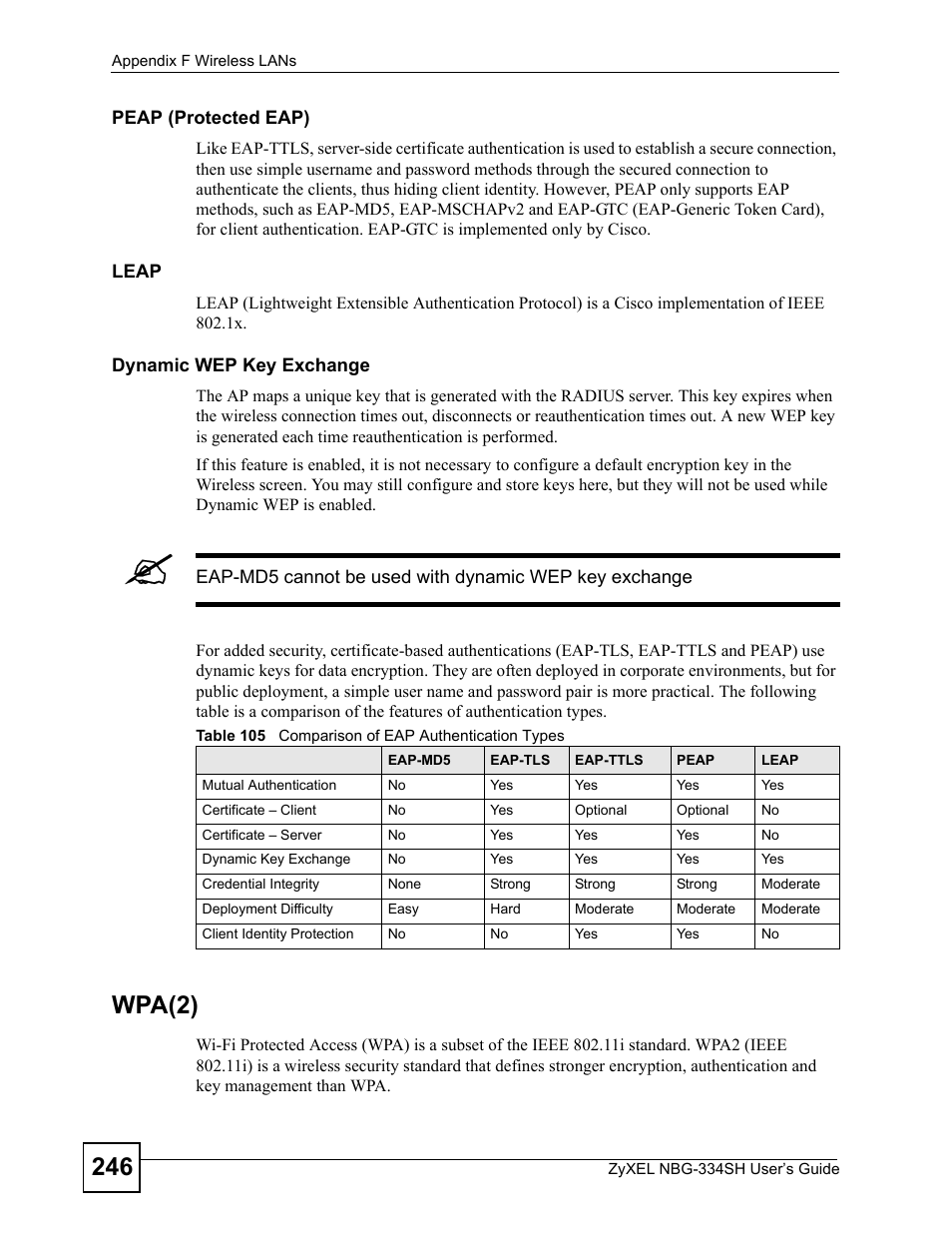 Table 105 comparison of eap authentication types, Wpa(2) | ZyXEL Communications NBG334SH User Manual | Page 246 / 290