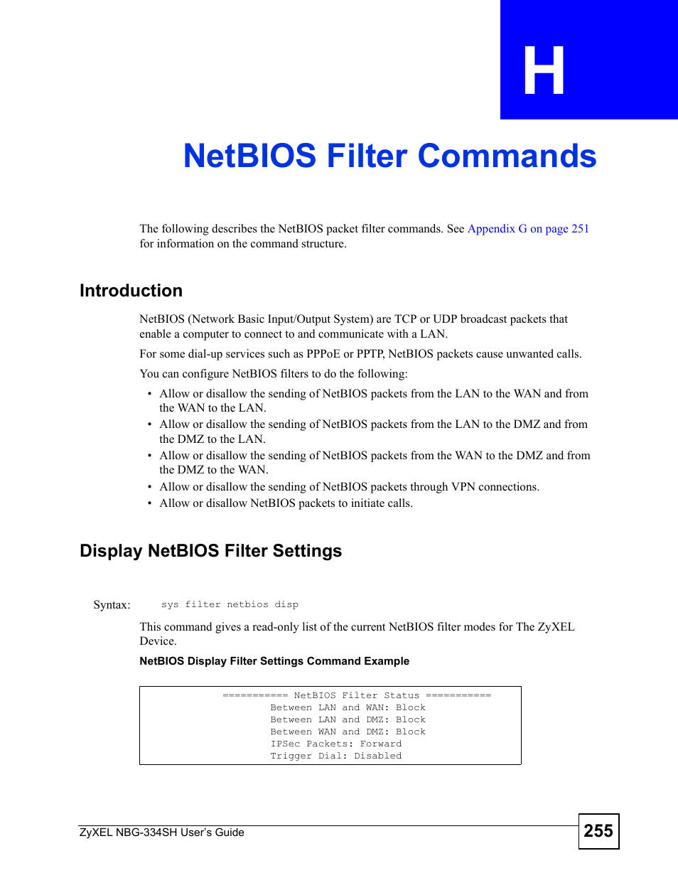 Netbios filter commands, Appendix h netbios filter commands, Netbios filter commands (255) | ZyXEL Communications NBG334SH User Manual | Page 255 / 290
