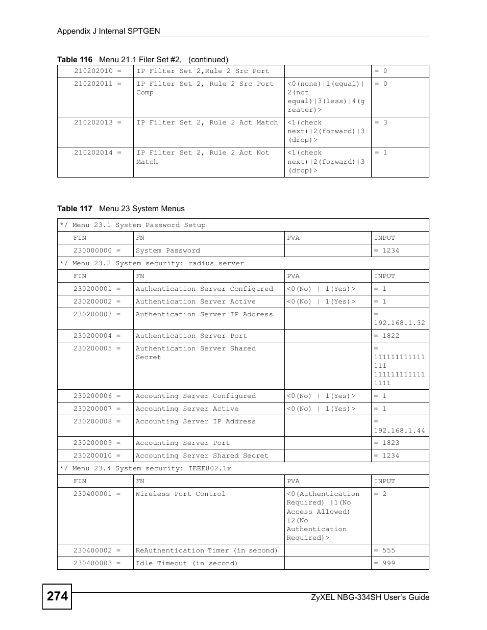 Table 117 menu 23 system menus | ZyXEL Communications NBG334SH User Manual | Page 274 / 290