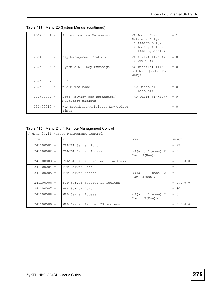 Table 118 menu 24.11 remote management control | ZyXEL Communications NBG334SH User Manual | Page 275 / 290
