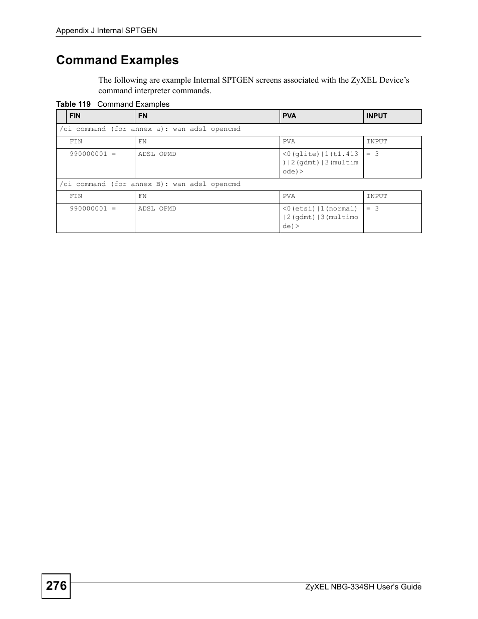 Table 119 command examples, 276 command examples | ZyXEL Communications NBG334SH User Manual | Page 276 / 290