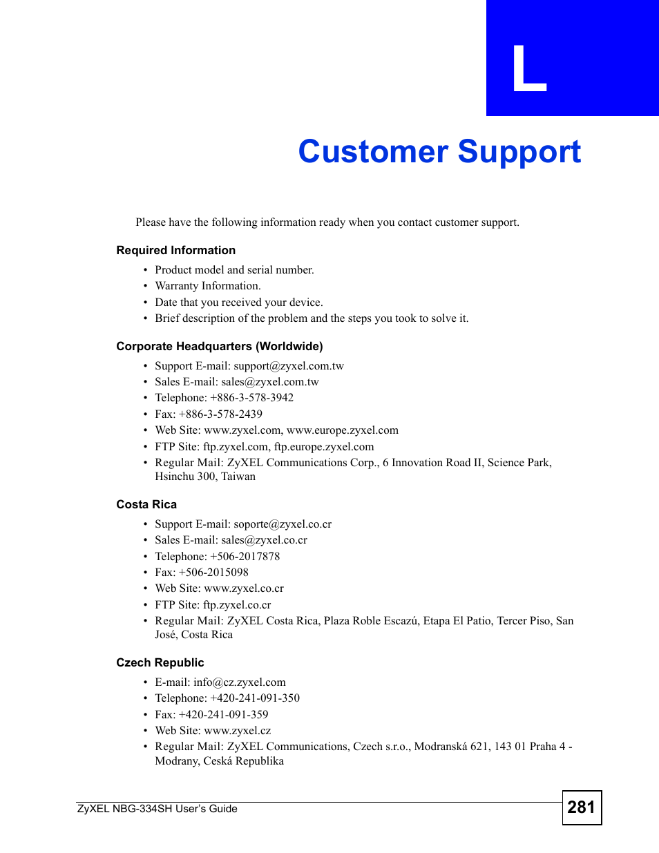 Customer support, Appendix l customer support, Customer support (281) | ZyXEL Communications NBG334SH User Manual | Page 281 / 290
