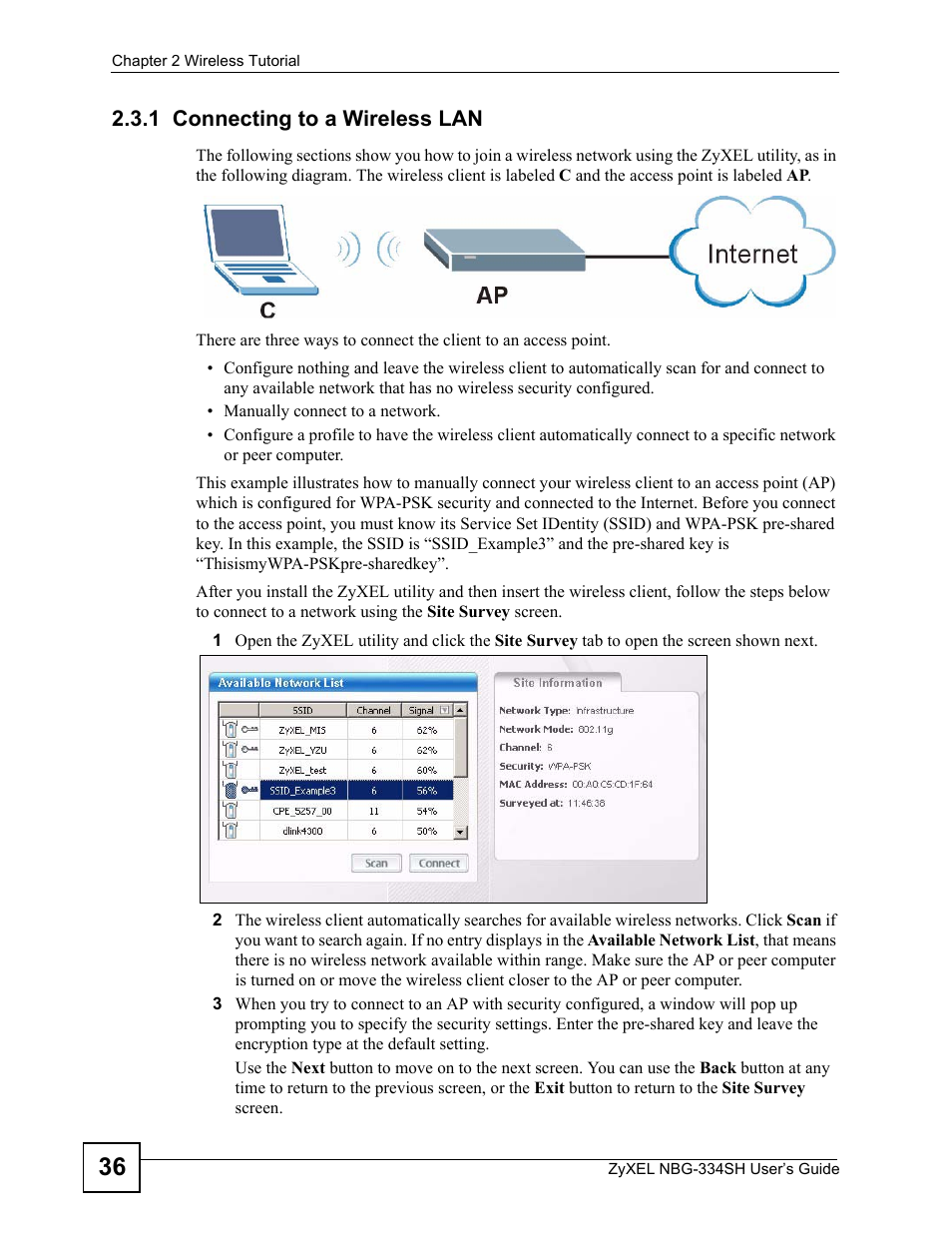 1 connecting to a wireless lan | ZyXEL Communications NBG334SH User Manual | Page 36 / 290