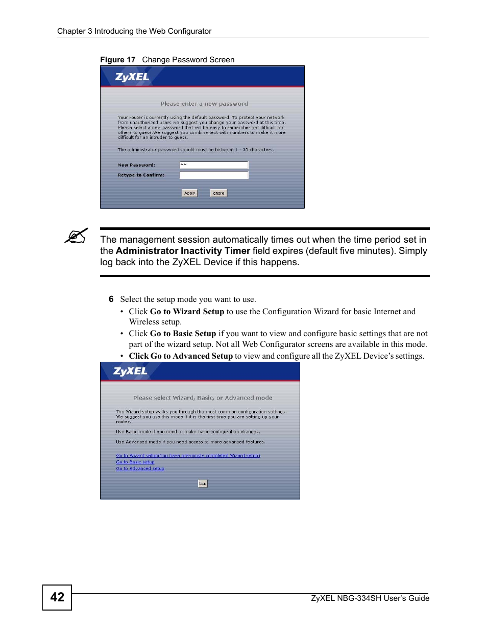 Figure 17 change password screen | ZyXEL Communications NBG334SH User Manual | Page 42 / 290