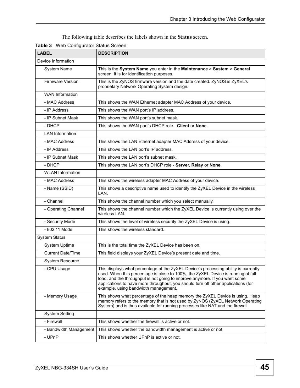 Table 3 web configurator status screen | ZyXEL Communications NBG334SH User Manual | Page 45 / 290