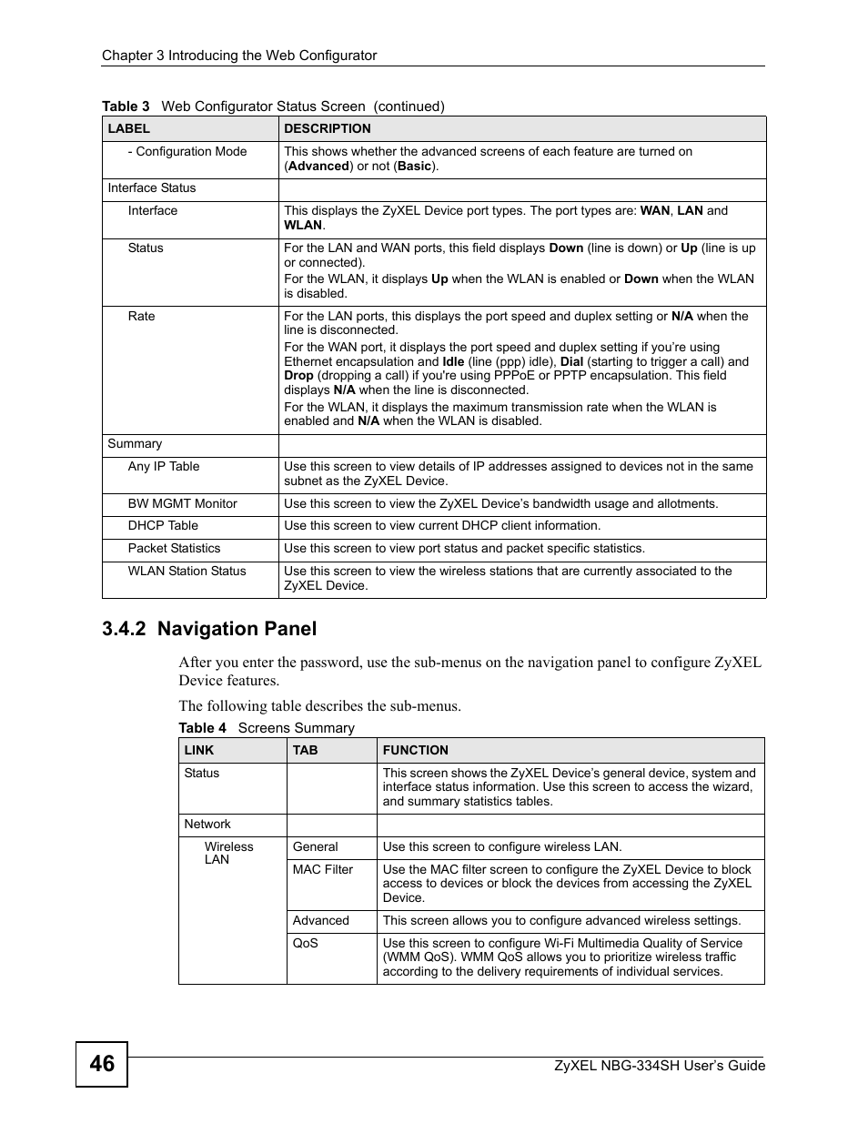 2 navigation panel, Table 4 screens summary | ZyXEL Communications NBG334SH User Manual | Page 46 / 290