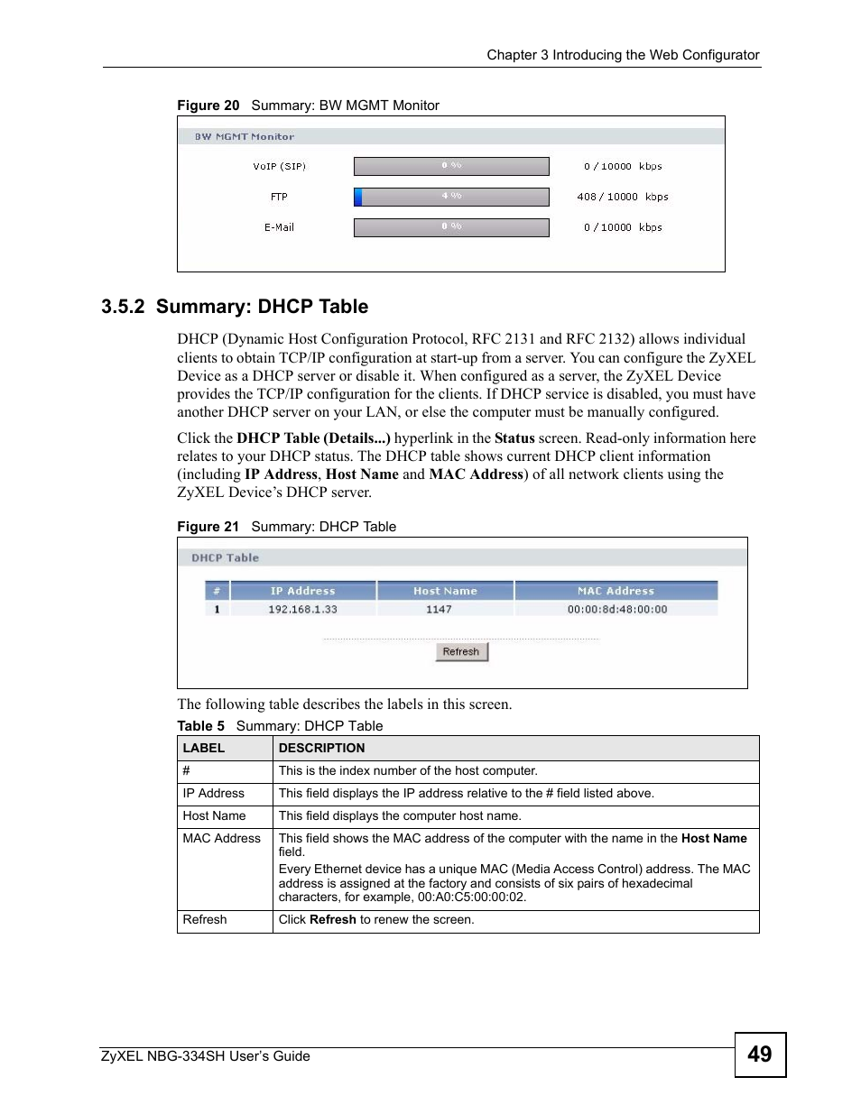 2 summary: dhcp table, Table 5 summary: dhcp table | ZyXEL Communications NBG334SH User Manual | Page 49 / 290