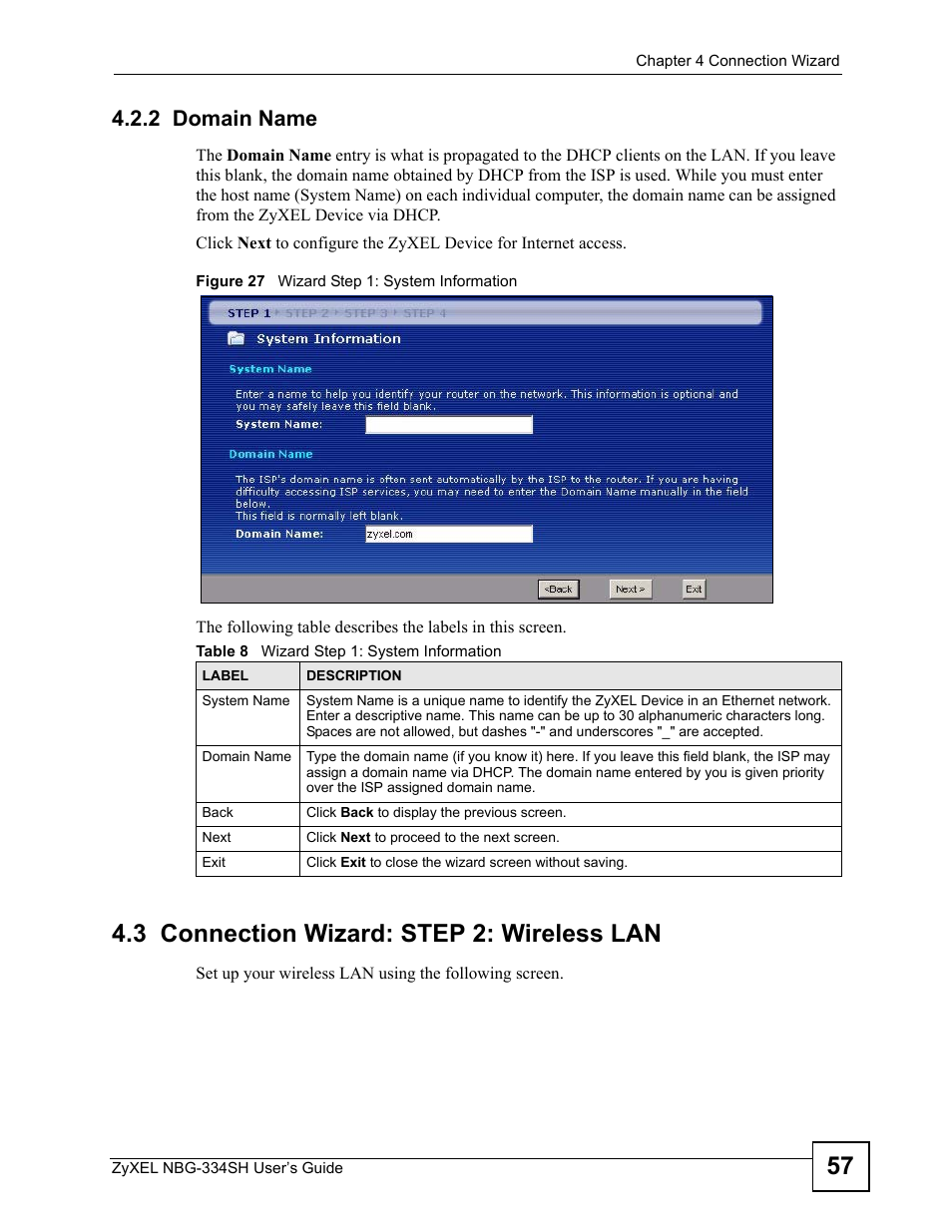 2 domain name, 3 connection wizard: step 2: wireless lan, Figure 27 wizard step 1: system information | Table 8 wizard step 1: system information | ZyXEL Communications NBG334SH User Manual | Page 57 / 290
