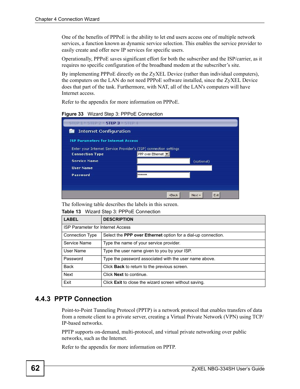 3 pptp connection, Figure 33 wizard step 3: pppoe connection, Table 13 wizard step 3: pppoe connection | ZyXEL Communications NBG334SH User Manual | Page 62 / 290