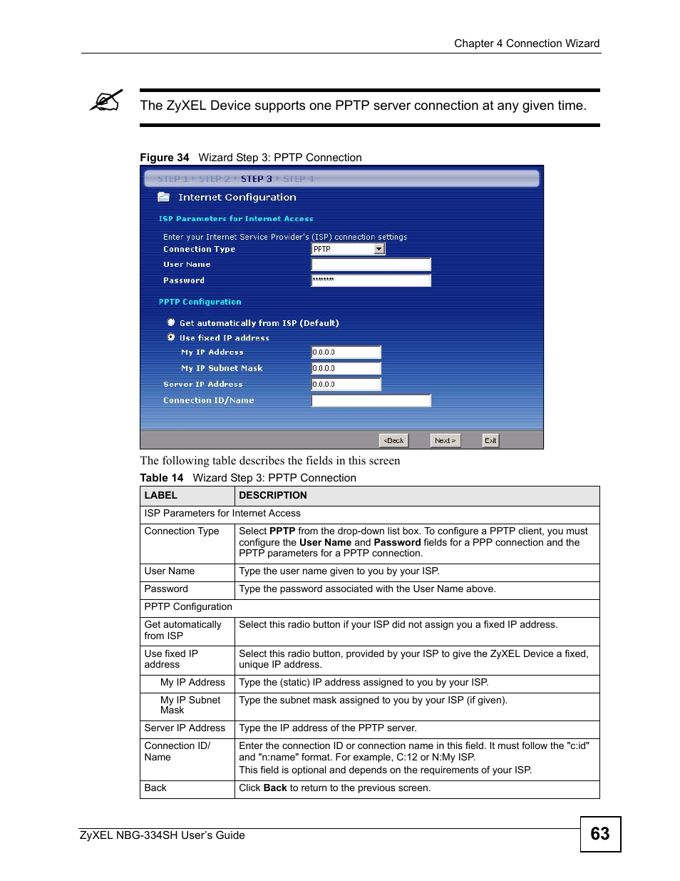 Figure 34 wizard step 3: pptp connection, Table 14 wizard step 3: pptp connection | ZyXEL Communications NBG334SH User Manual | Page 63 / 290