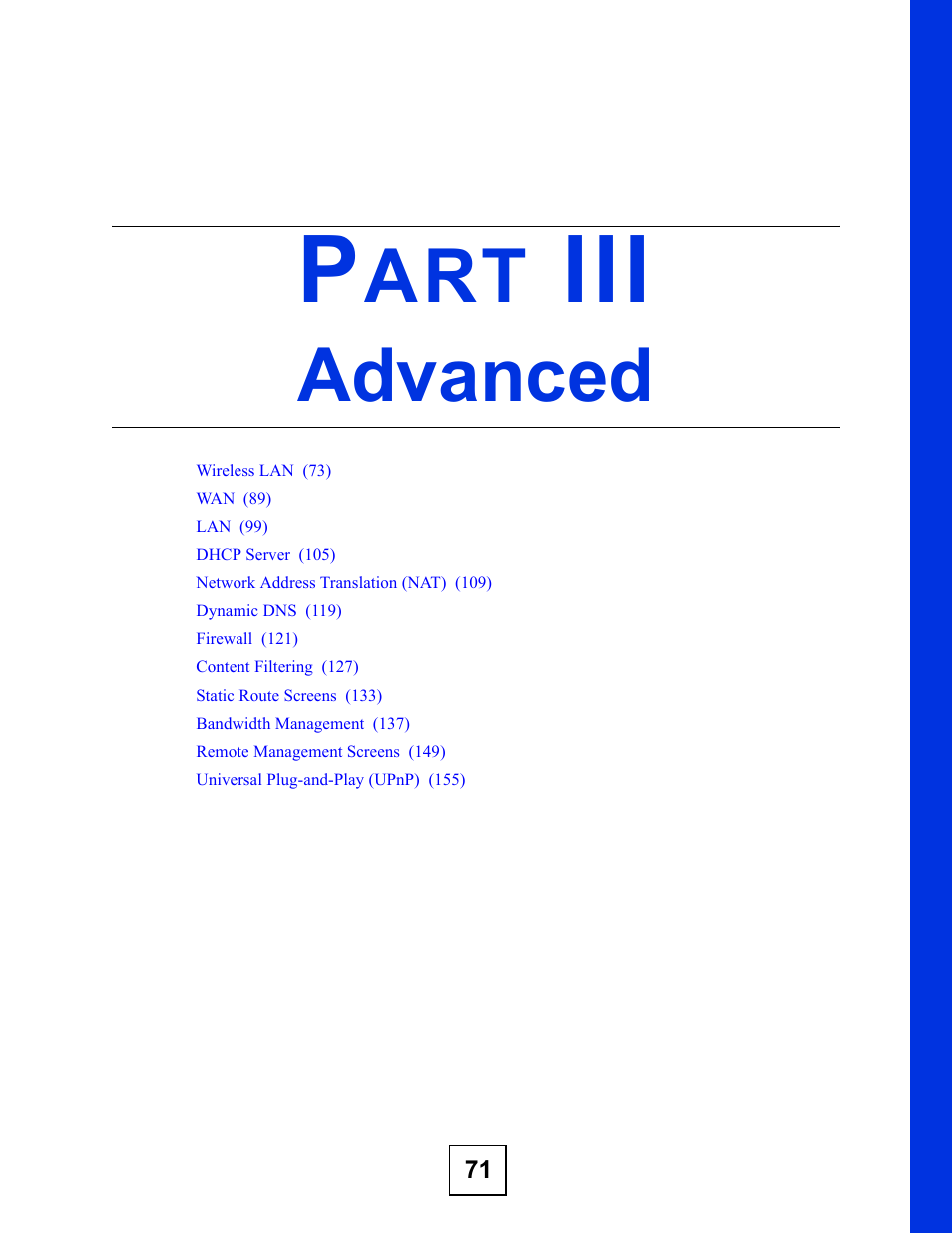 Advanced, Part iii: advanced | ZyXEL Communications NBG334SH User Manual | Page 71 / 290