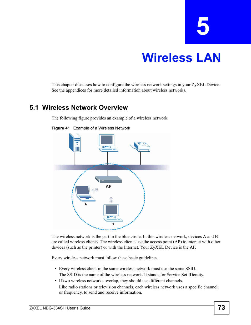 Wireless lan, 1 wireless network overview, Chapter 5 wireless lan | Figure 41 example of a wireless network, Wireless lan (73) | ZyXEL Communications NBG334SH User Manual | Page 73 / 290