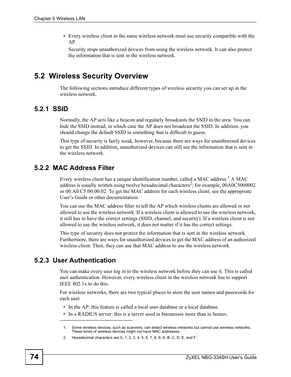 2 wireless security overview, 1 ssid, 2 mac address filter | 3 user authentication, 2 mac address filter 5.2.3 user authentication | ZyXEL Communications NBG334SH User Manual | Page 74 / 290