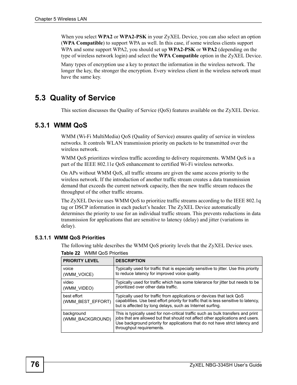 3 quality of service, 1 wmm qos, Table 22 wmm qos priorities | ZyXEL Communications NBG334SH User Manual | Page 76 / 290