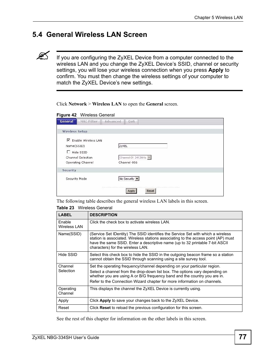 4 general wireless lan screen, Figure 42 wireless general, Table 23 wireless general | 77 5.4 general wireless lan screen | ZyXEL Communications NBG334SH User Manual | Page 77 / 290