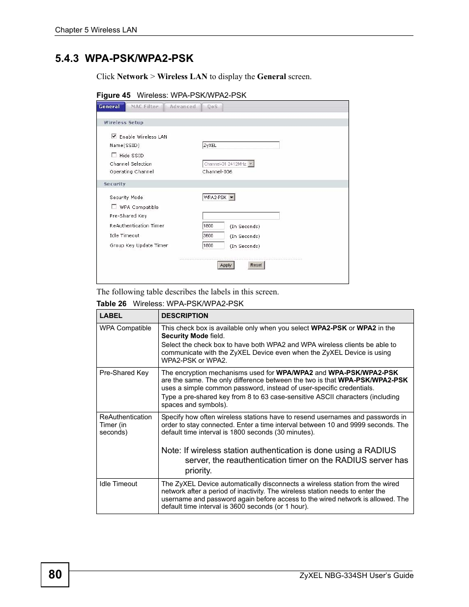 3 wpa-psk/wpa2-psk, Figure 45 wireless: wpa-psk/wpa2-psk, Table 26 wireless: wpa-psk/wpa2-psk | ZyXEL Communications NBG334SH User Manual | Page 80 / 290