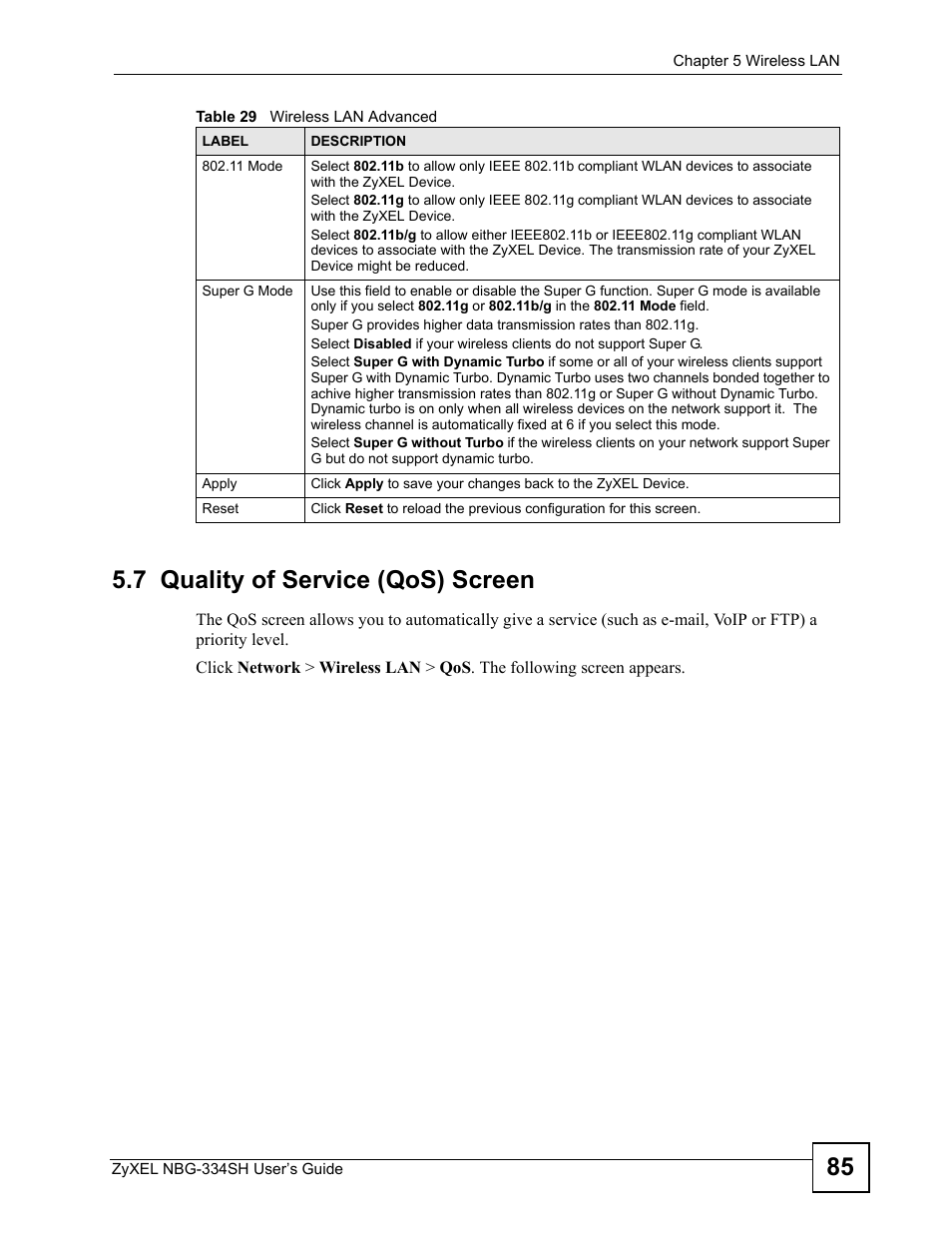 7 quality of service (qos) screen, 85 5.7 quality of service (qos) screen | ZyXEL Communications NBG334SH User Manual | Page 85 / 290