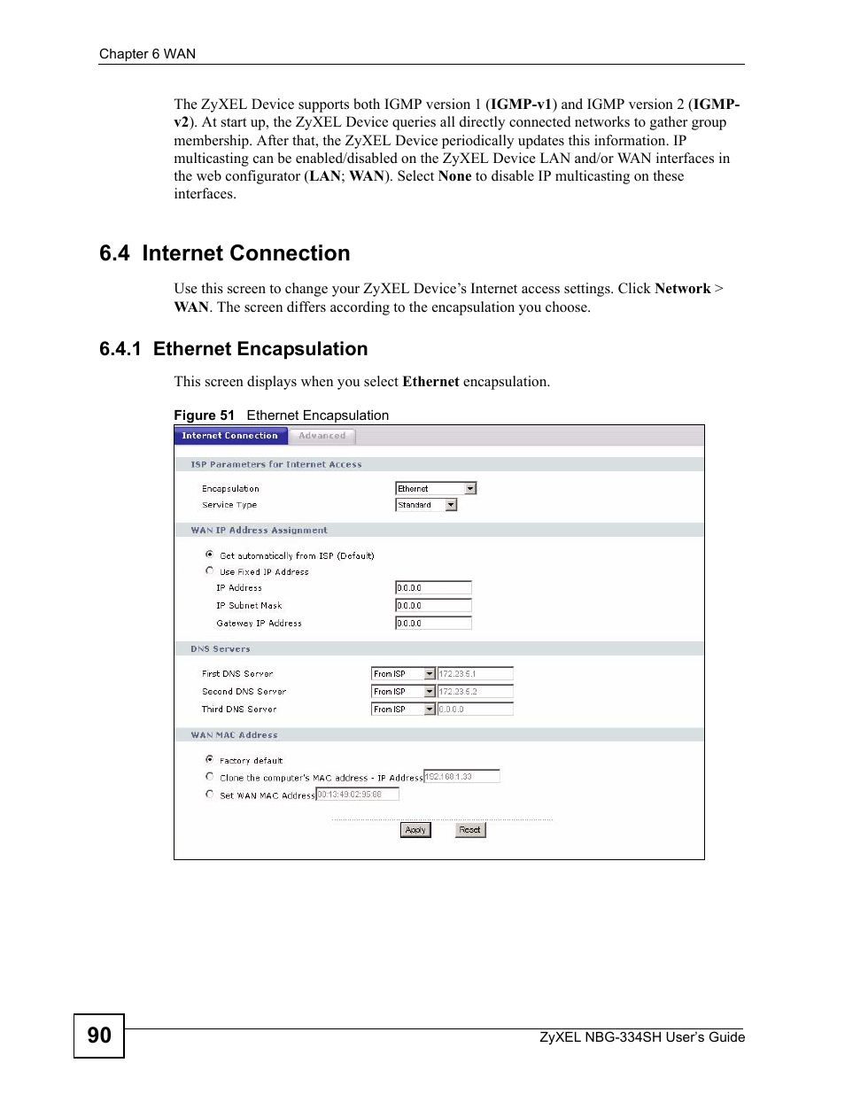 4 internet connection, 1 ethernet encapsulation, Figure 51 ethernet encapsulation | ZyXEL Communications NBG334SH User Manual | Page 90 / 290