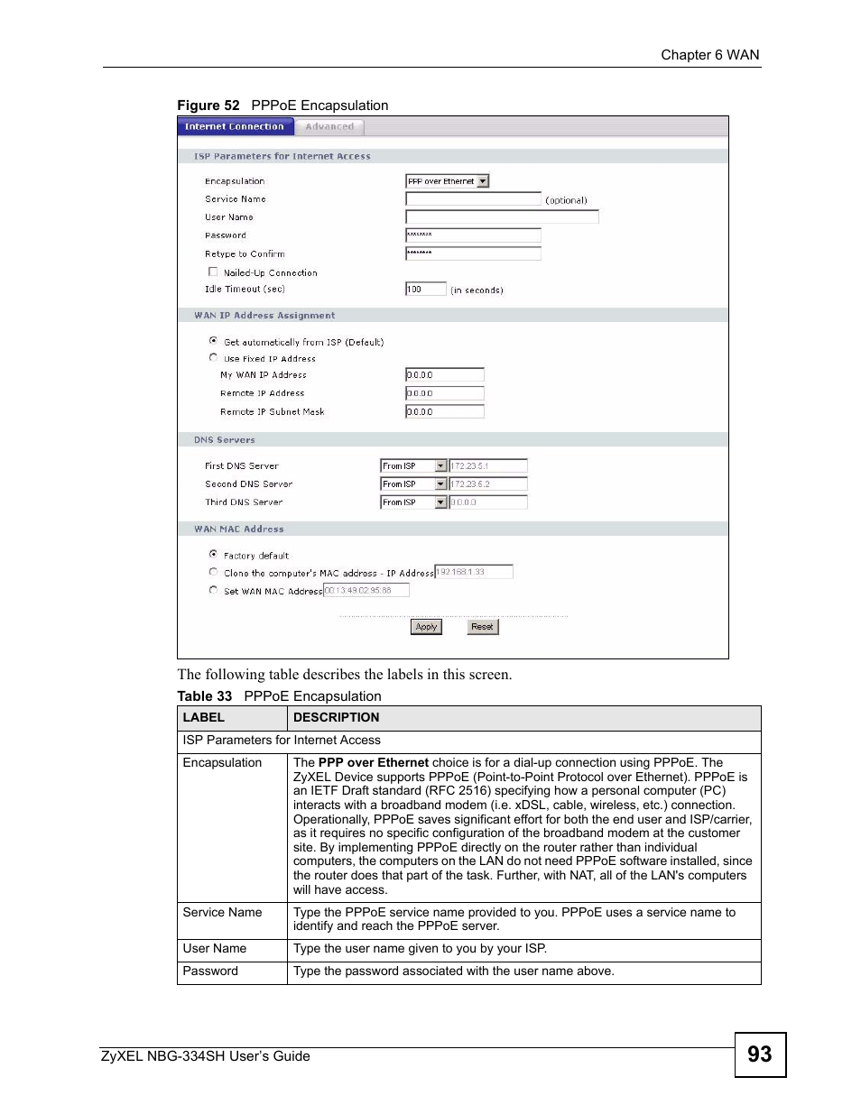 Figure 52 pppoe encapsulation, Table 33 pppoe encapsulation | ZyXEL Communications NBG334SH User Manual | Page 93 / 290