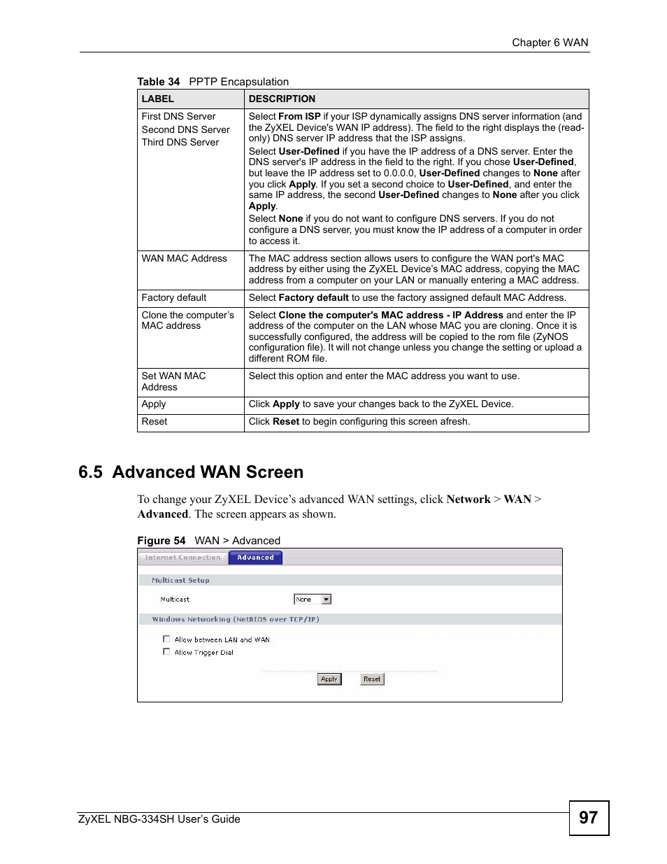 5 advanced wan screen, Figure 54 wan > advanced, 97 6.5 advanced wan screen | ZyXEL Communications NBG334SH User Manual | Page 97 / 290