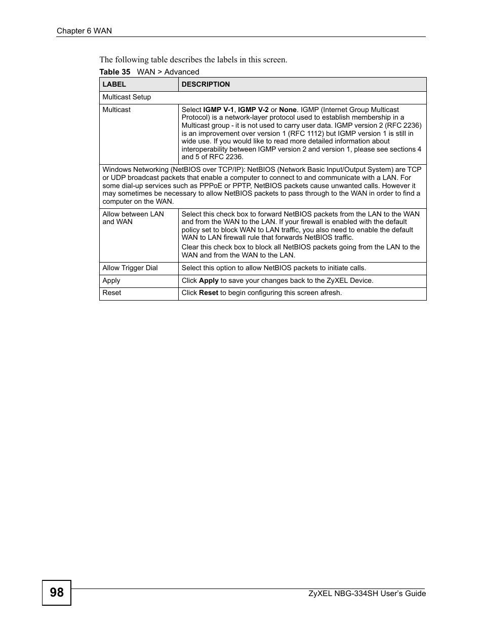 Table 35 wan > advanced | ZyXEL Communications NBG334SH User Manual | Page 98 / 290