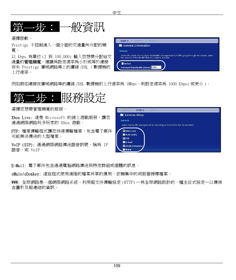一般資訊 服務設定, 第一步： 第二步 | ZyXEL Communications 802.11G WIRELESS P-334WT User Manual | Page 109 / 112