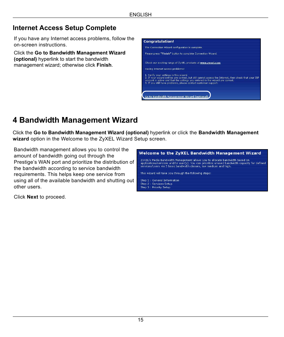 4 bandwidth management wizard | ZyXEL Communications 802.11G WIRELESS P-334WT User Manual | Page 15 / 112