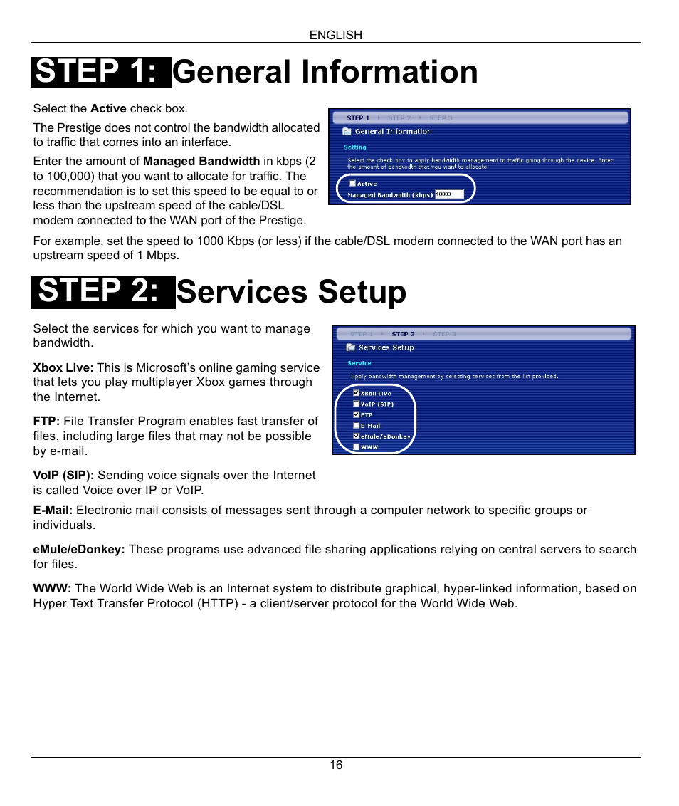 General information services setup, Step 1: step 2 | ZyXEL Communications 802.11G WIRELESS P-334WT User Manual | Page 16 / 112