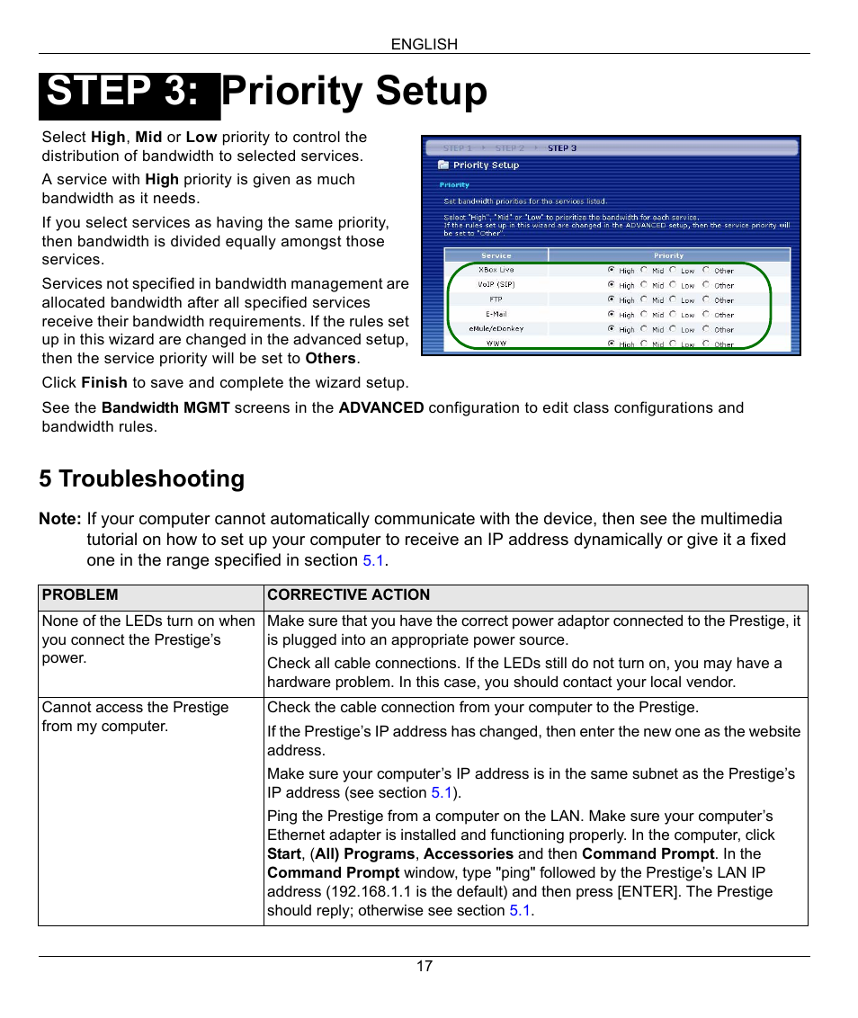 Priority setup, Step 3, 5 troubleshooting | ZyXEL Communications 802.11G WIRELESS P-334WT User Manual | Page 17 / 112