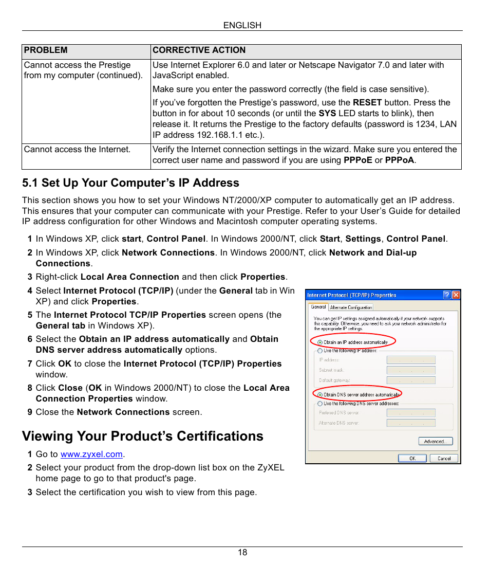 Ecified in section, Viewing your product’s certifications, 1 set up your computer’s ip address | ZyXEL Communications 802.11G WIRELESS P-334WT User Manual | Page 18 / 112